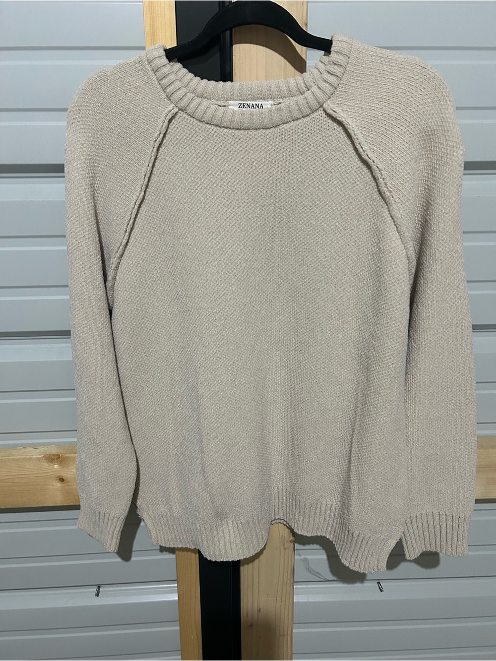 Zenana Small Beige Oversized Raglan Knit Sweater Side Slit Old Money - Picture 2 of 7